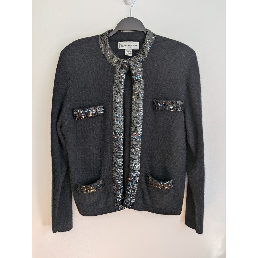 Evan-Picone Vintage Sweater Women's M Black Sequin Angora Lambswool Old Money